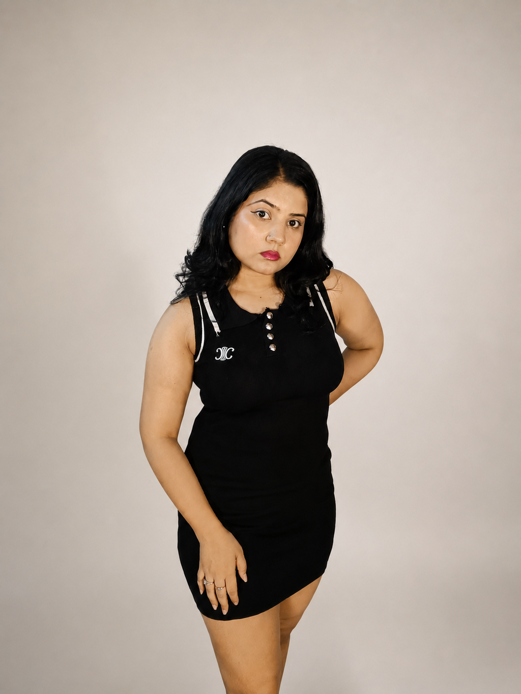 Black Ribbed Bodycon Mini Dress with Polo Collar