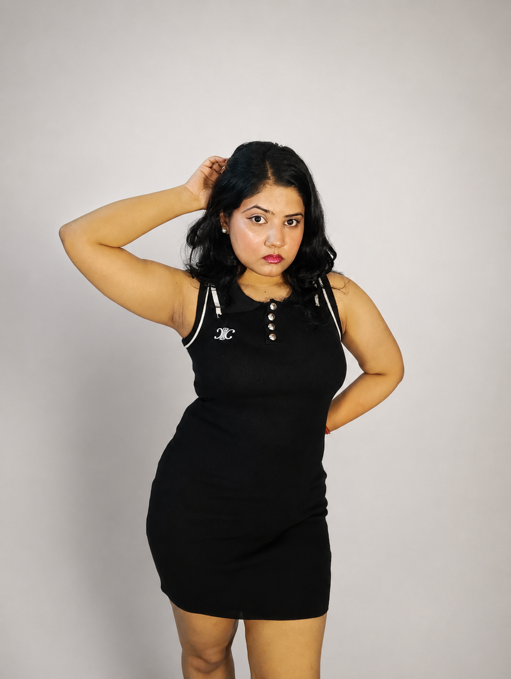 Black Ribbed Bodycon Mini Dress with Polo Collar