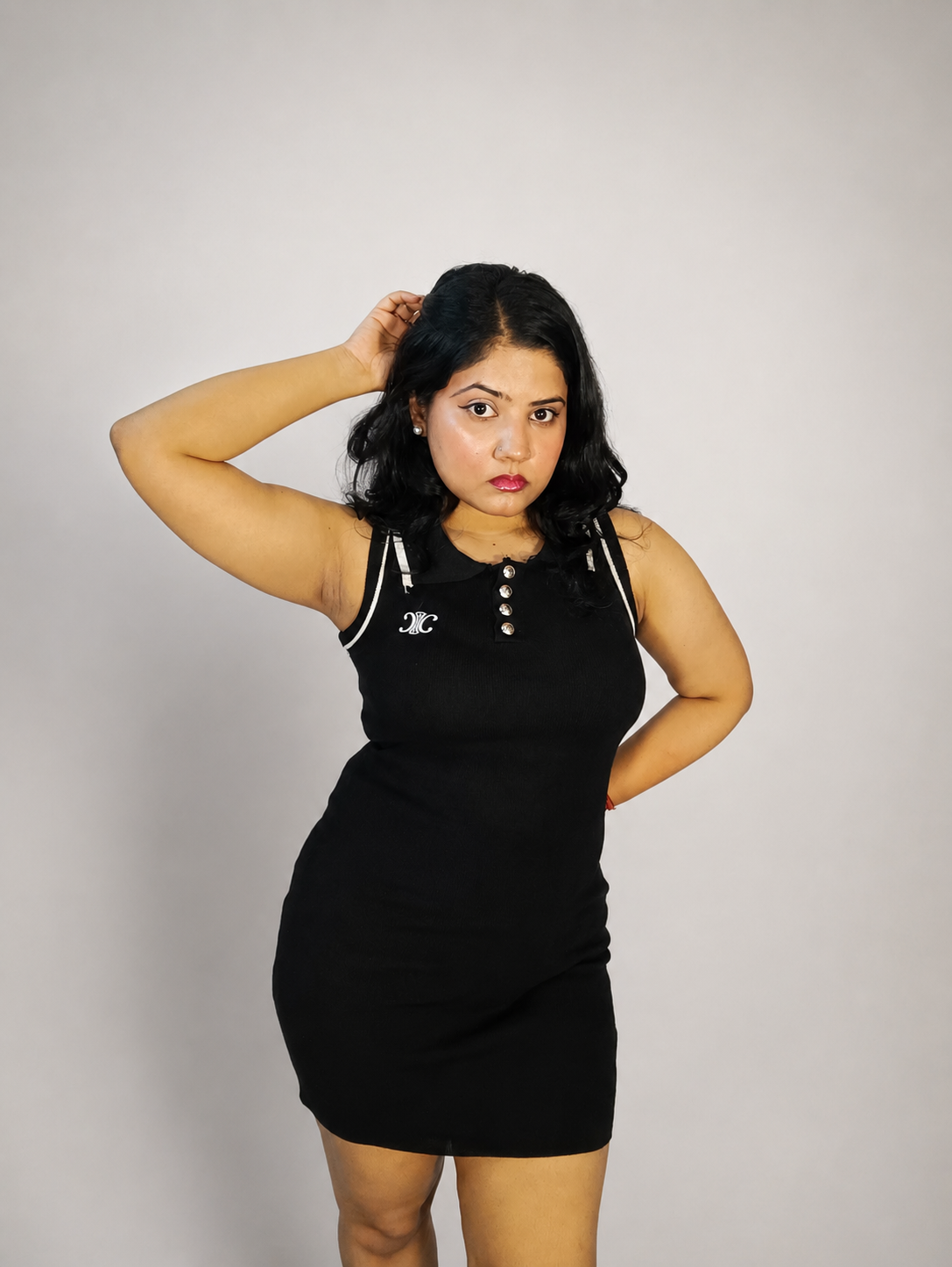 Black Ribbed Bodycon Mini Dress with Polo Collar