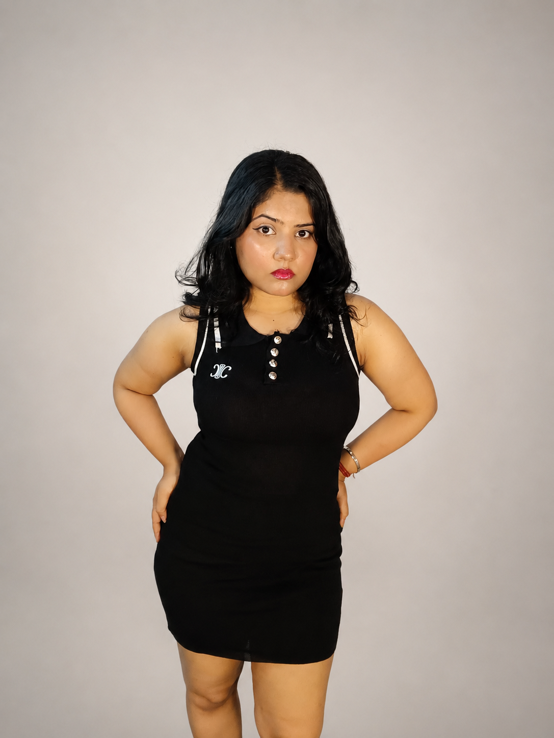 Black Ribbed Bodycon Mini Dress with Polo Collar