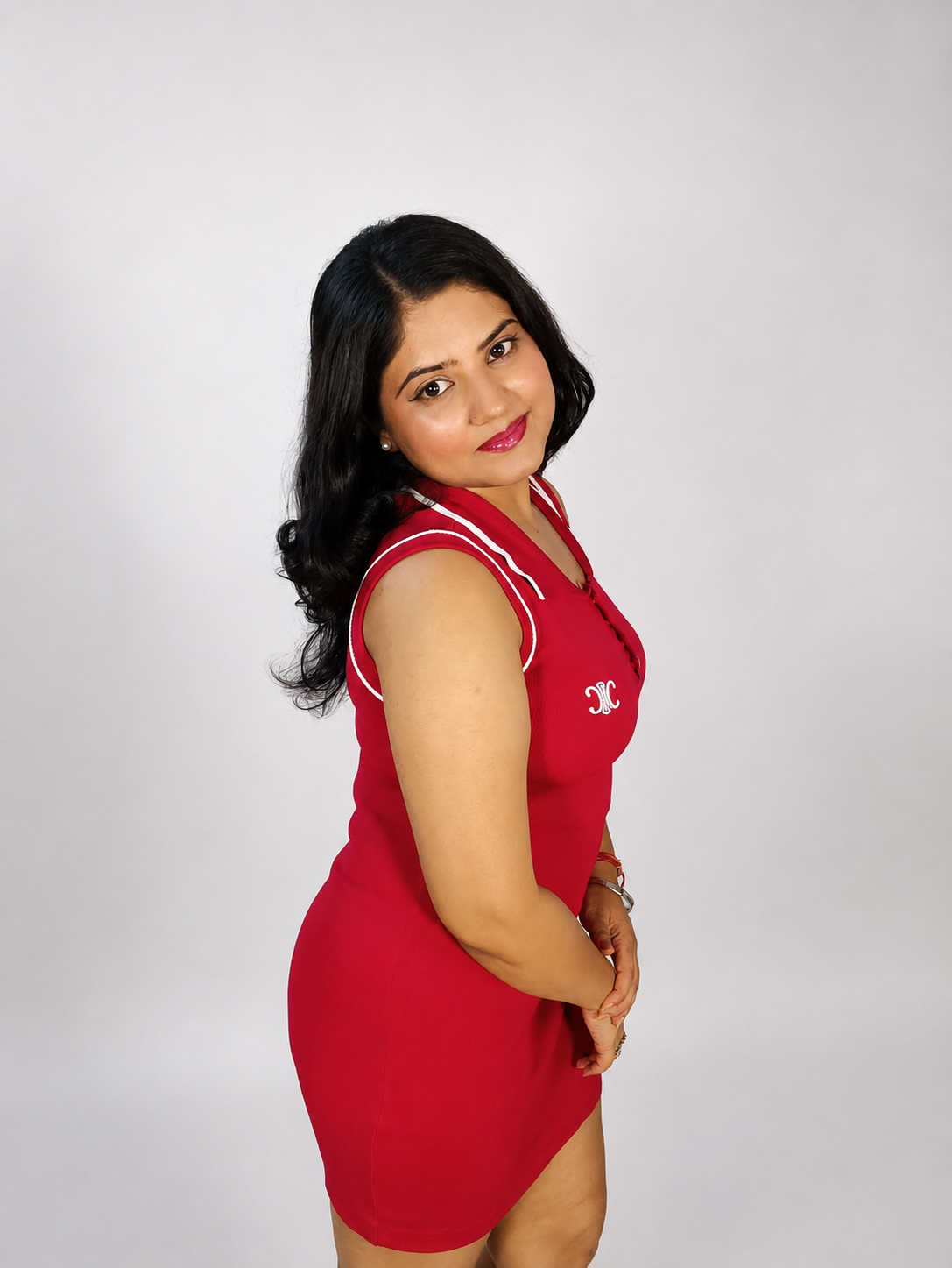 Red Ribbed Bodycon Mini Dress with Polo Collar