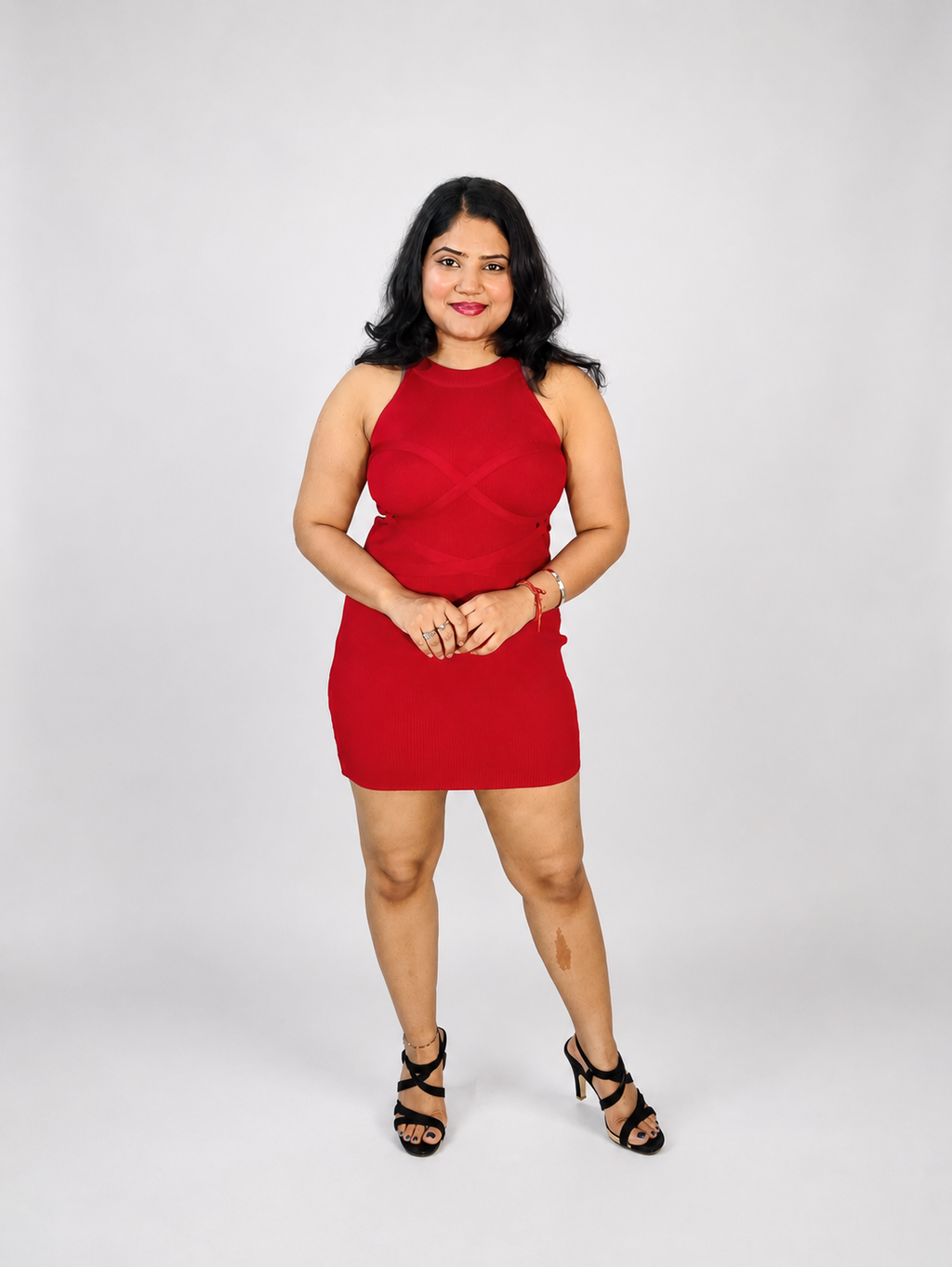 Red Ribbed Criss-Cross Bodycon Mini Dress