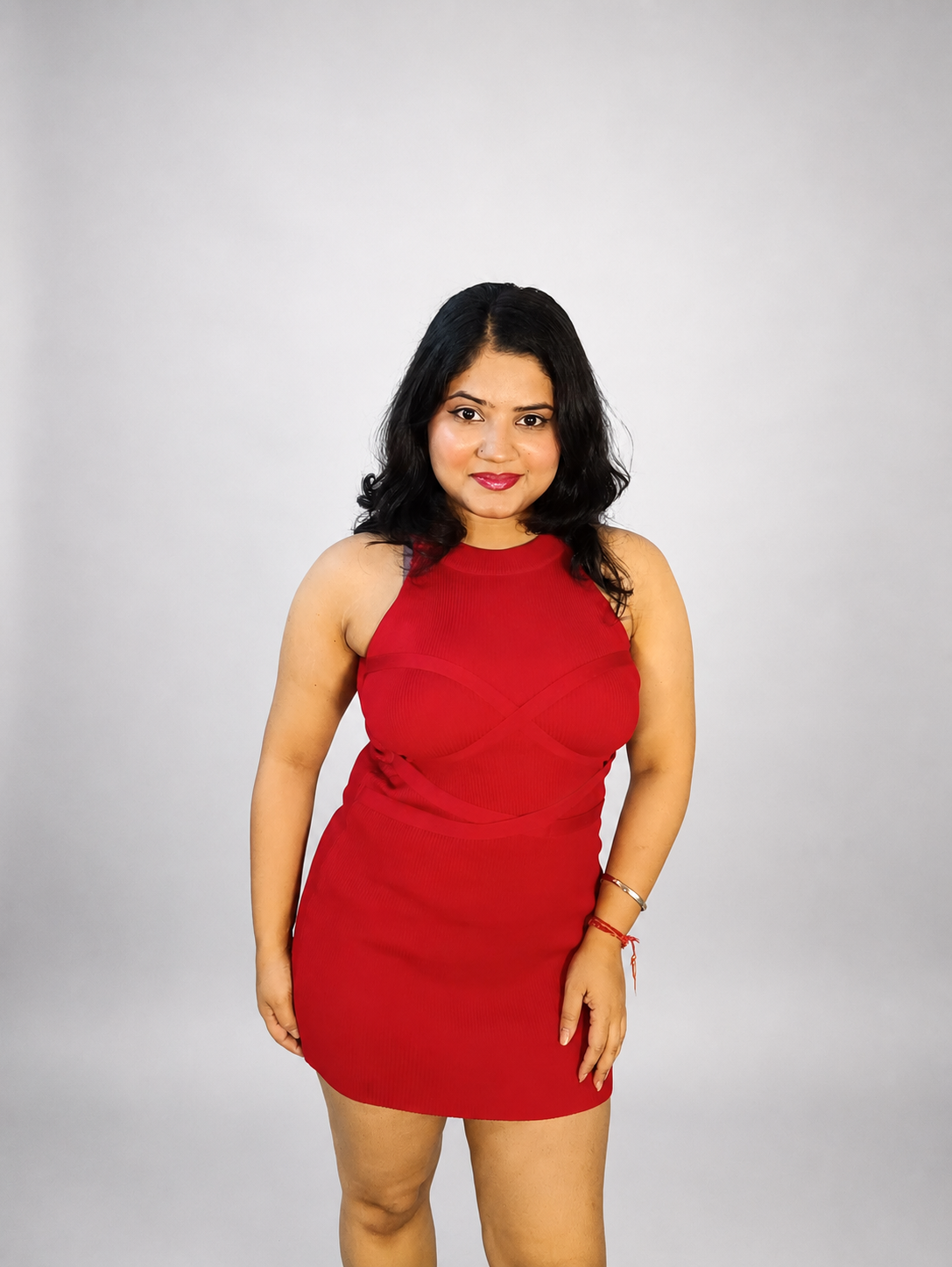 Red Ribbed Criss-Cross Bodycon Mini Dress