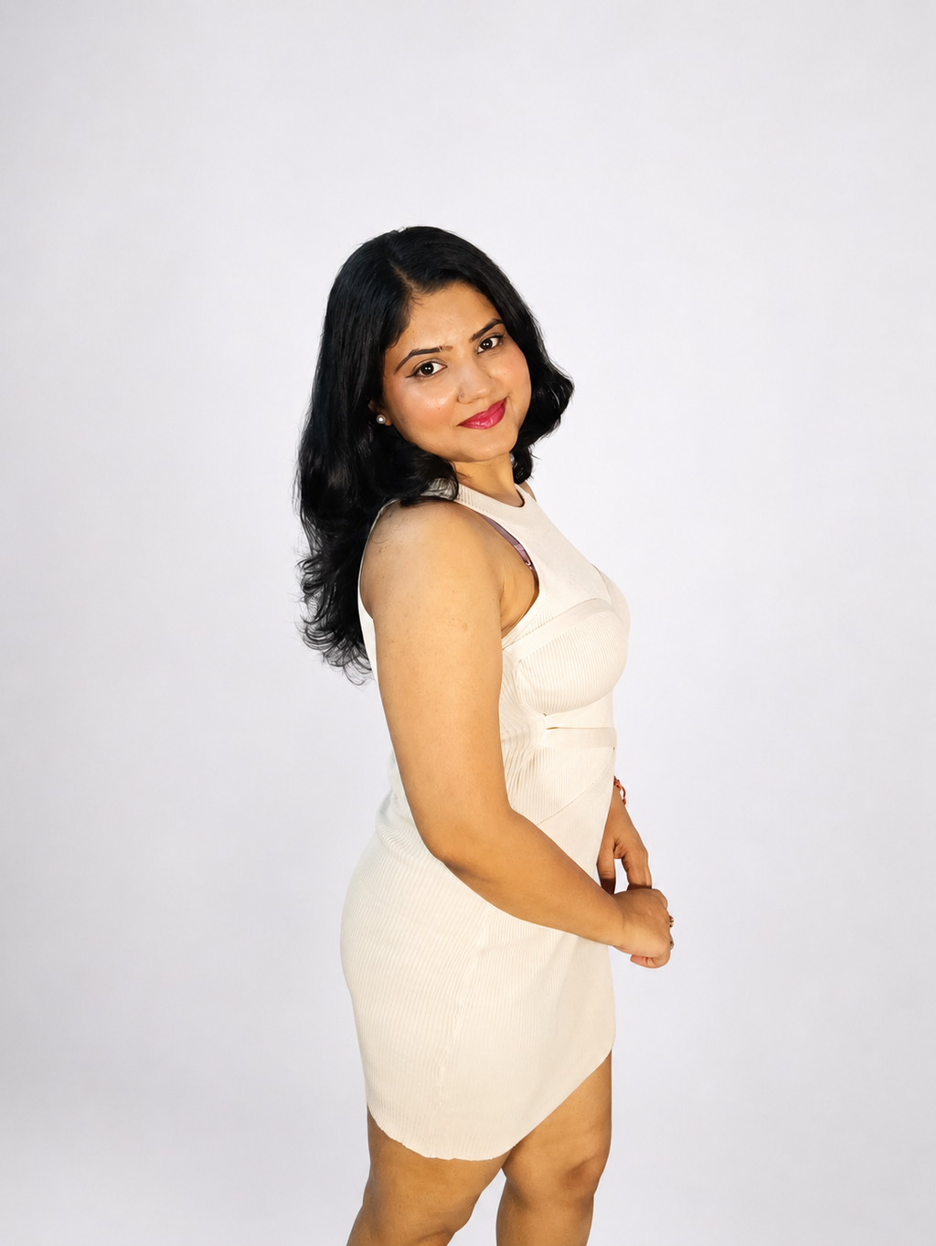 Ivory Ribbed Bodycon Mini Dress with Criss-Cross Detail