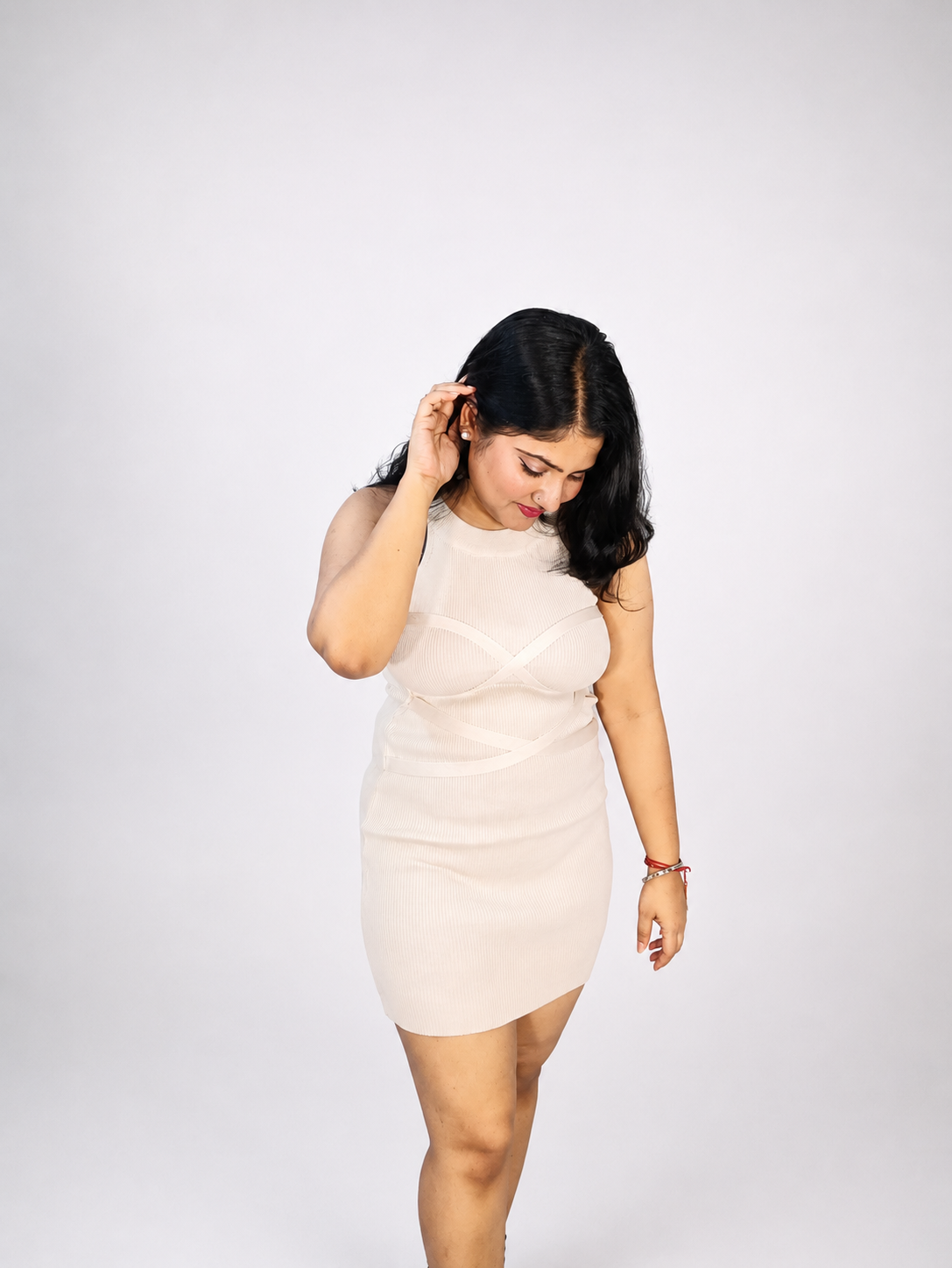Ivory Ribbed Bodycon Mini Dress with Criss-Cross Detail