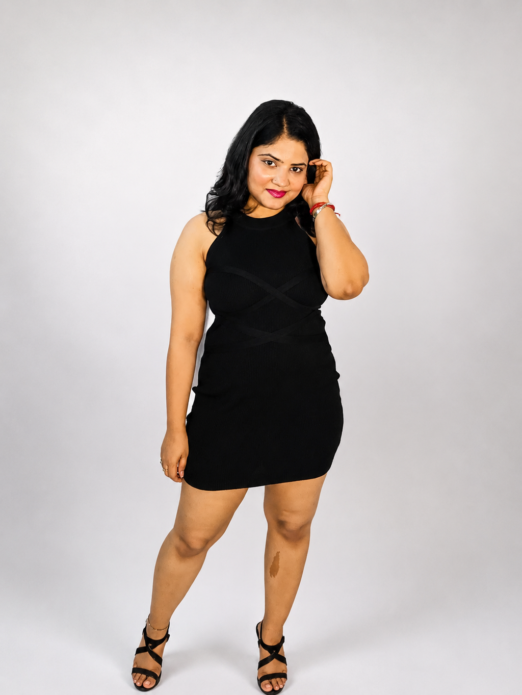 Black Ribbed Bodycon Mini Dress with Criss-Cross Detail