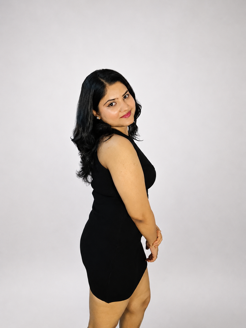 Black Ribbed Bodycon Mini Dress with Criss-Cross Detail