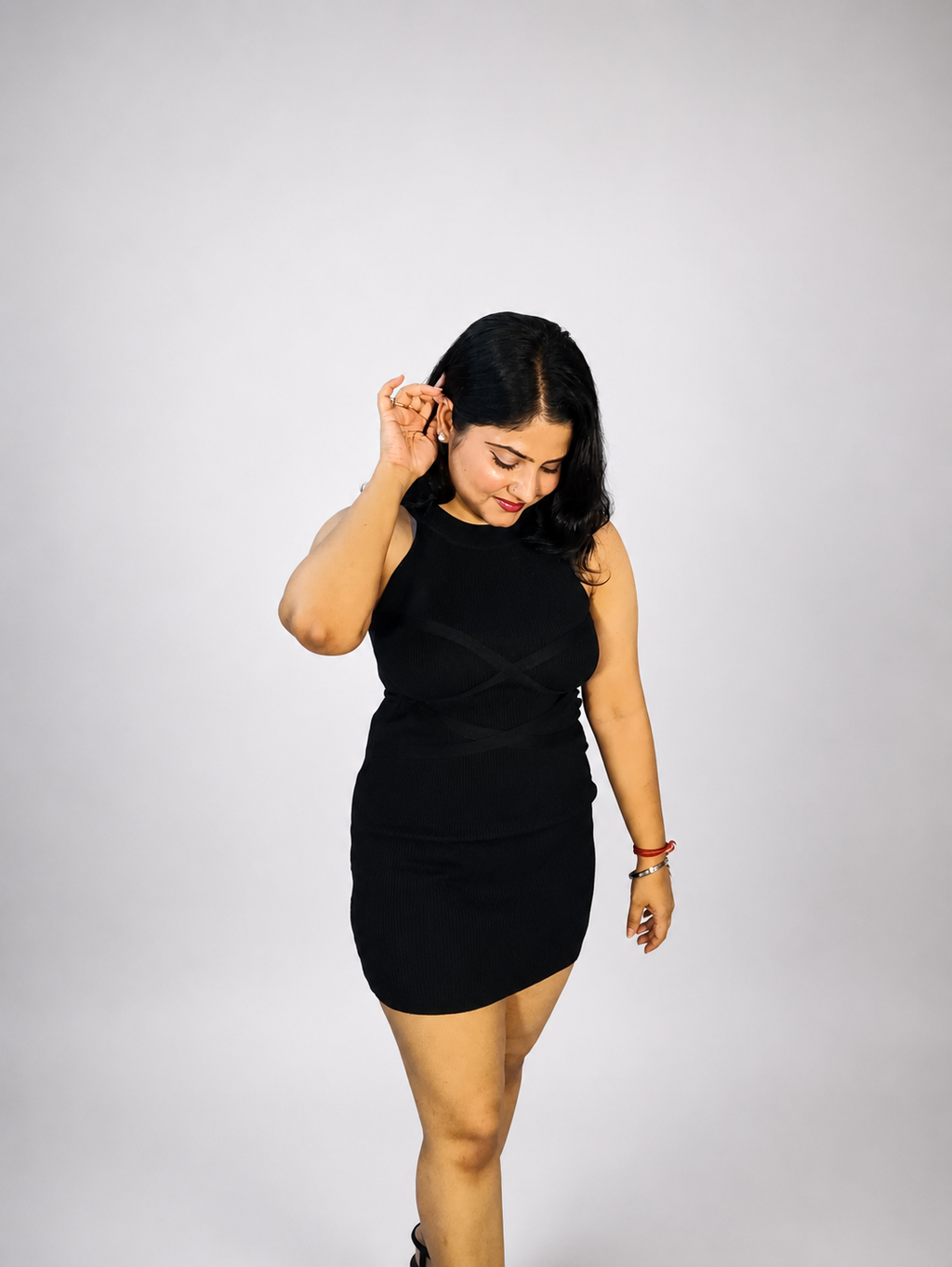 Black Ribbed Bodycon Mini Dress with Criss-Cross Detail