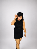 Black Ribbed Bodycon Mini Dress with Criss-Cross Detail