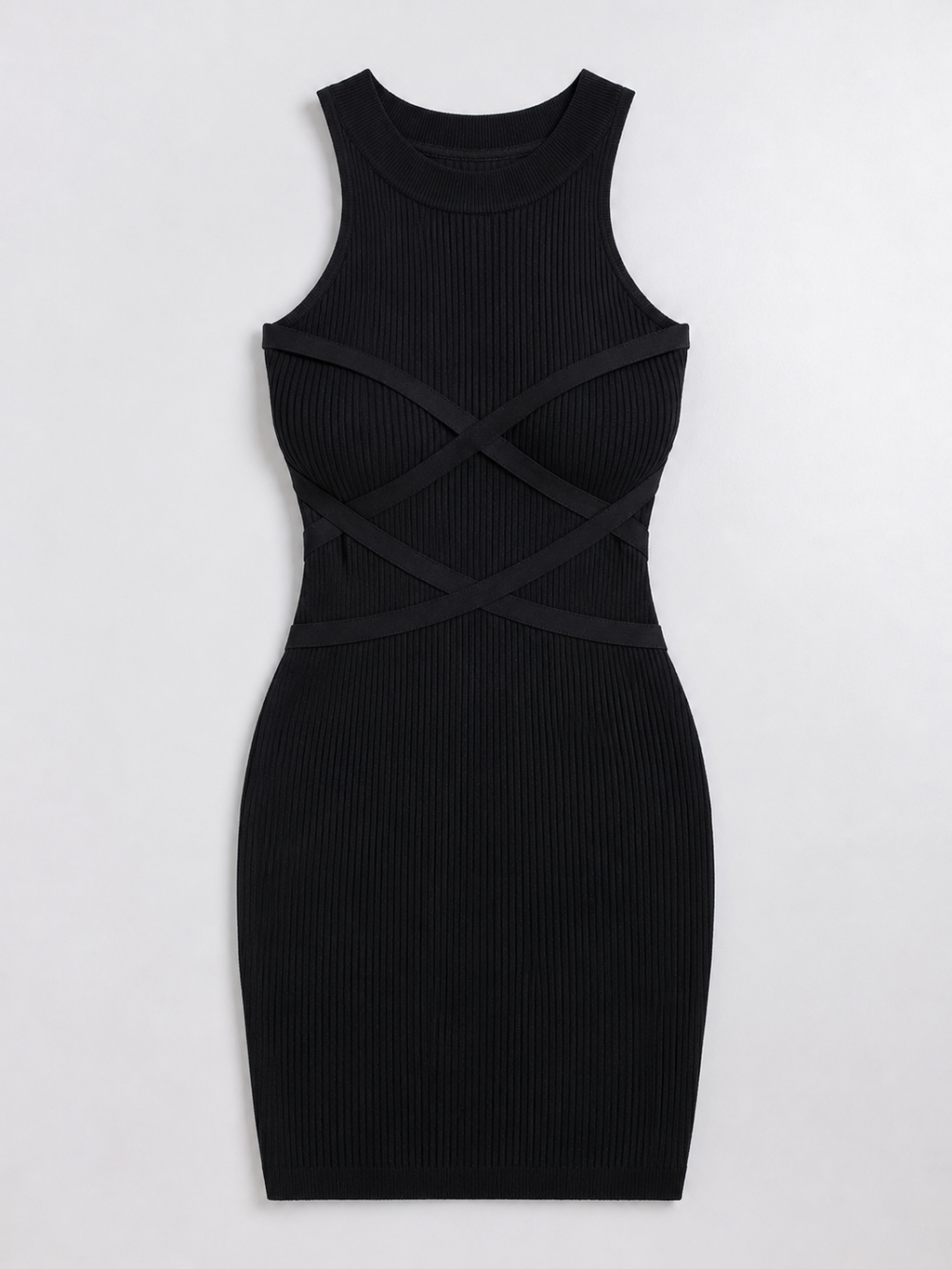 Black Ribbed Bodycon Mini Dress with Criss-Cross Detail