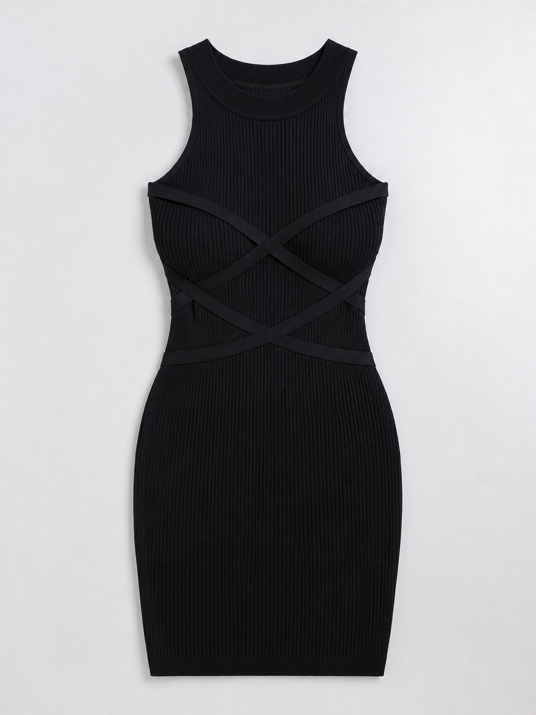 Black Ribbed Bodycon Mini Dress with Criss-Cross Detail