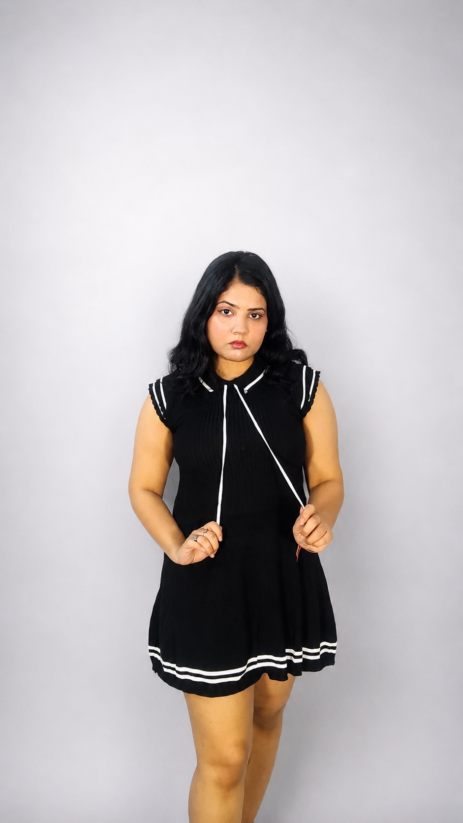 Ribbed Skater Mini Dress - Black