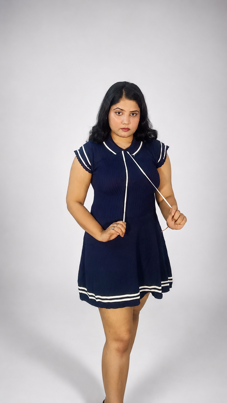 Ribbed Skater Mini Dress - Blue