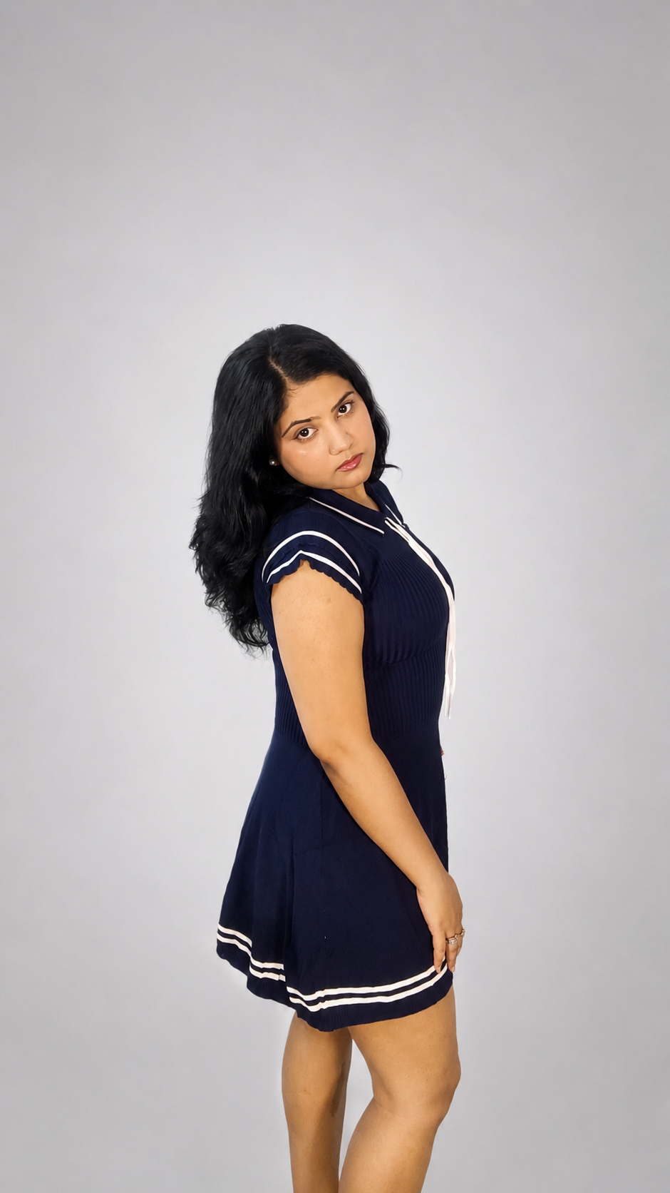 Ribbed Skater Mini Dress - Blue