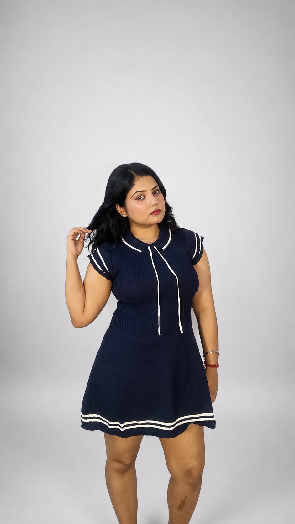 Ribbed Skater Mini Dress - Blue