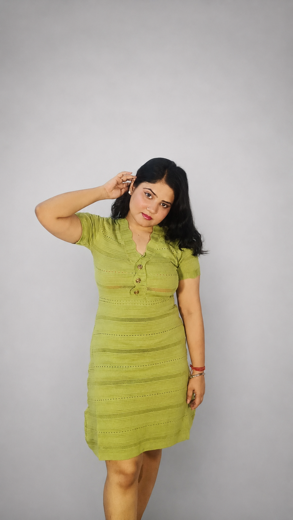 Green Textured Knit Sheath Dress