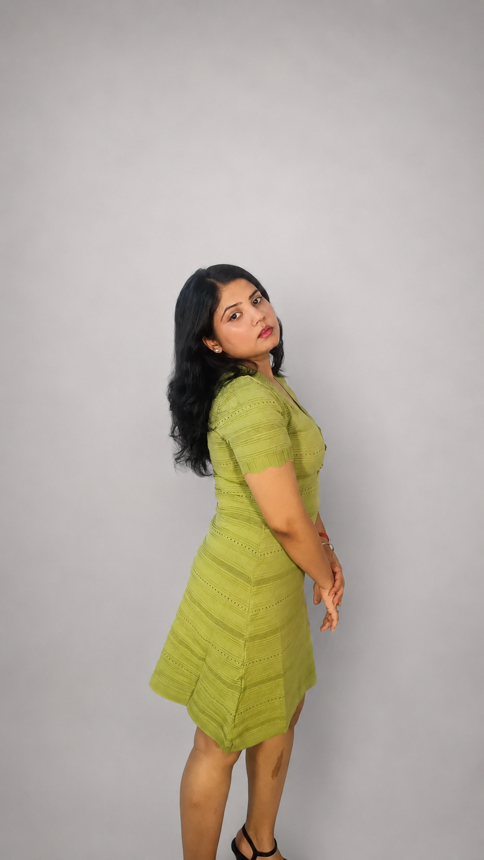 Green Textured Knit Sheath Dress