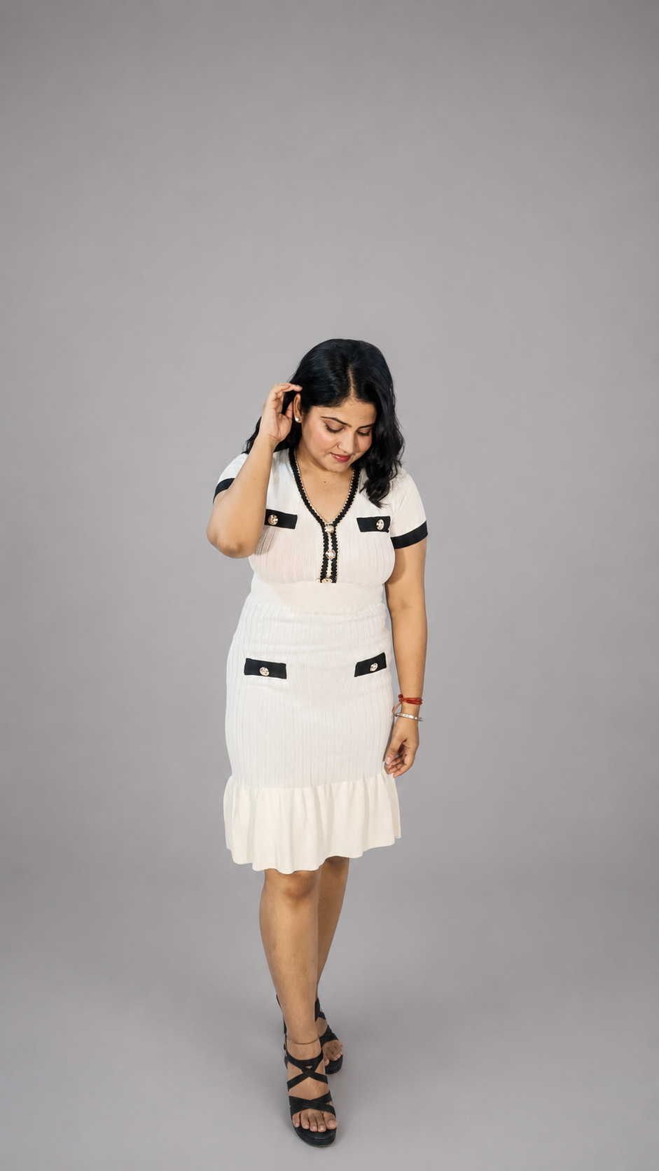 Ribbed Knit Midi Dress with Ruffle Hem – White