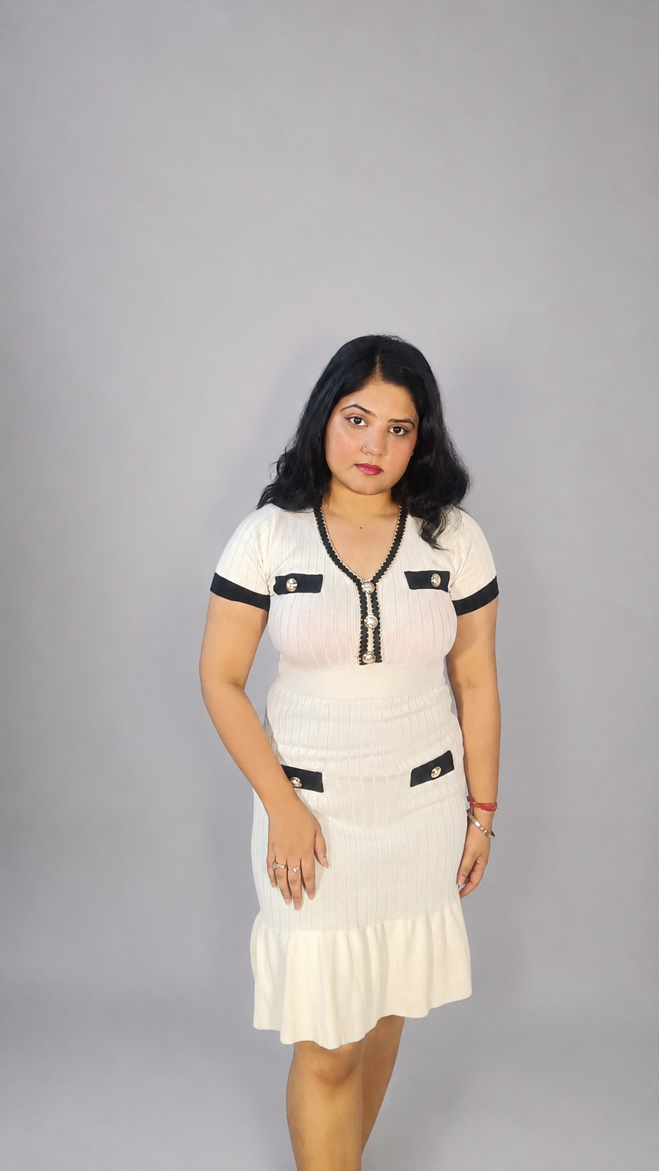 Ribbed Knit Midi Dress with Ruffle Hem – White
