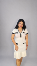 Ribbed Knit Midi Dress with Ruffle Hem – White