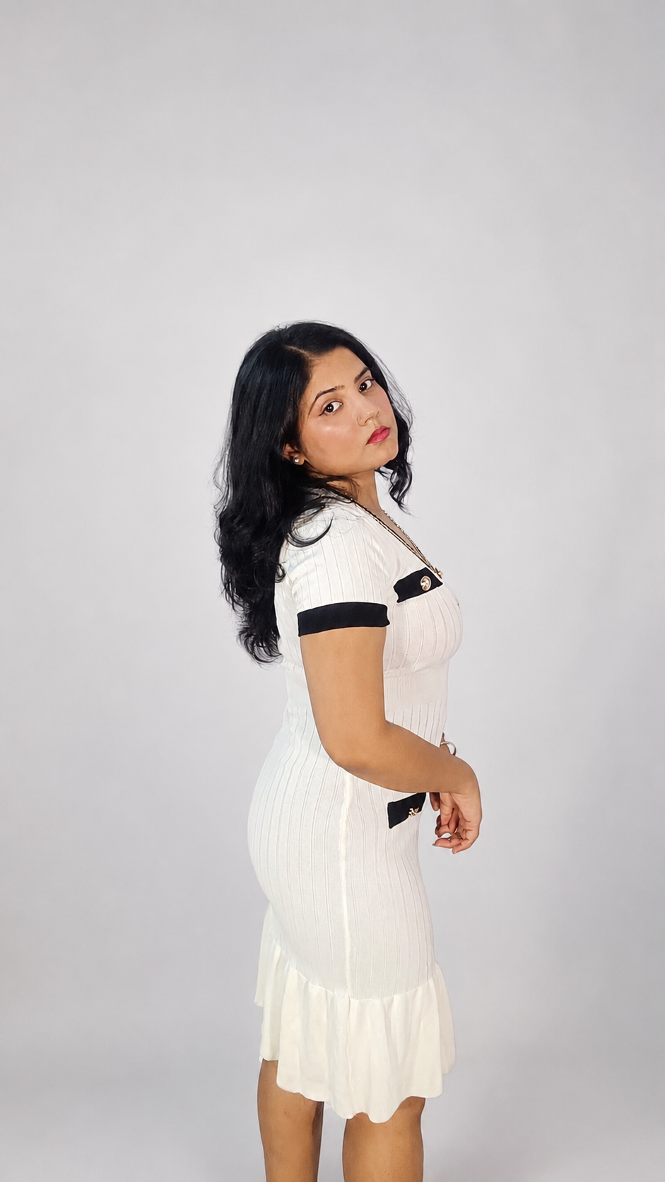 Ribbed Knit Midi Dress with Ruffle Hem – White