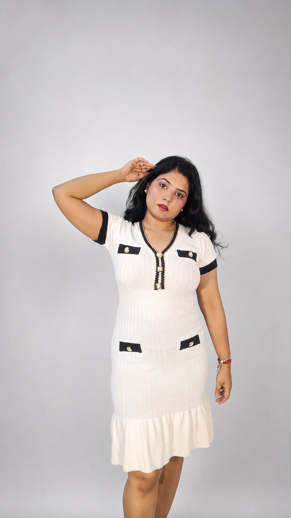 Ribbed Knit Midi Dress with Ruffle Hem – White