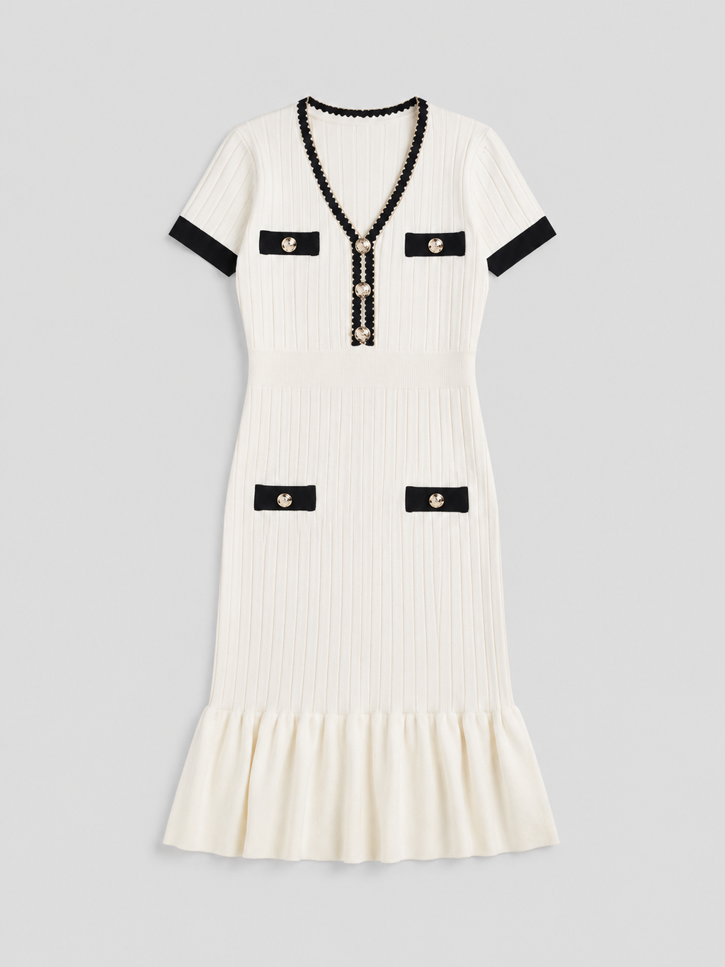 Ribbed Knit Midi Dress with Ruffle Hem – White