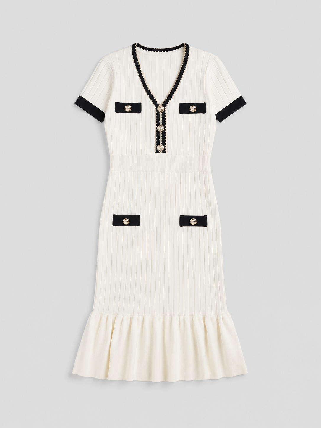 Ribbed Knit Midi Dress with Ruffle Hem – White