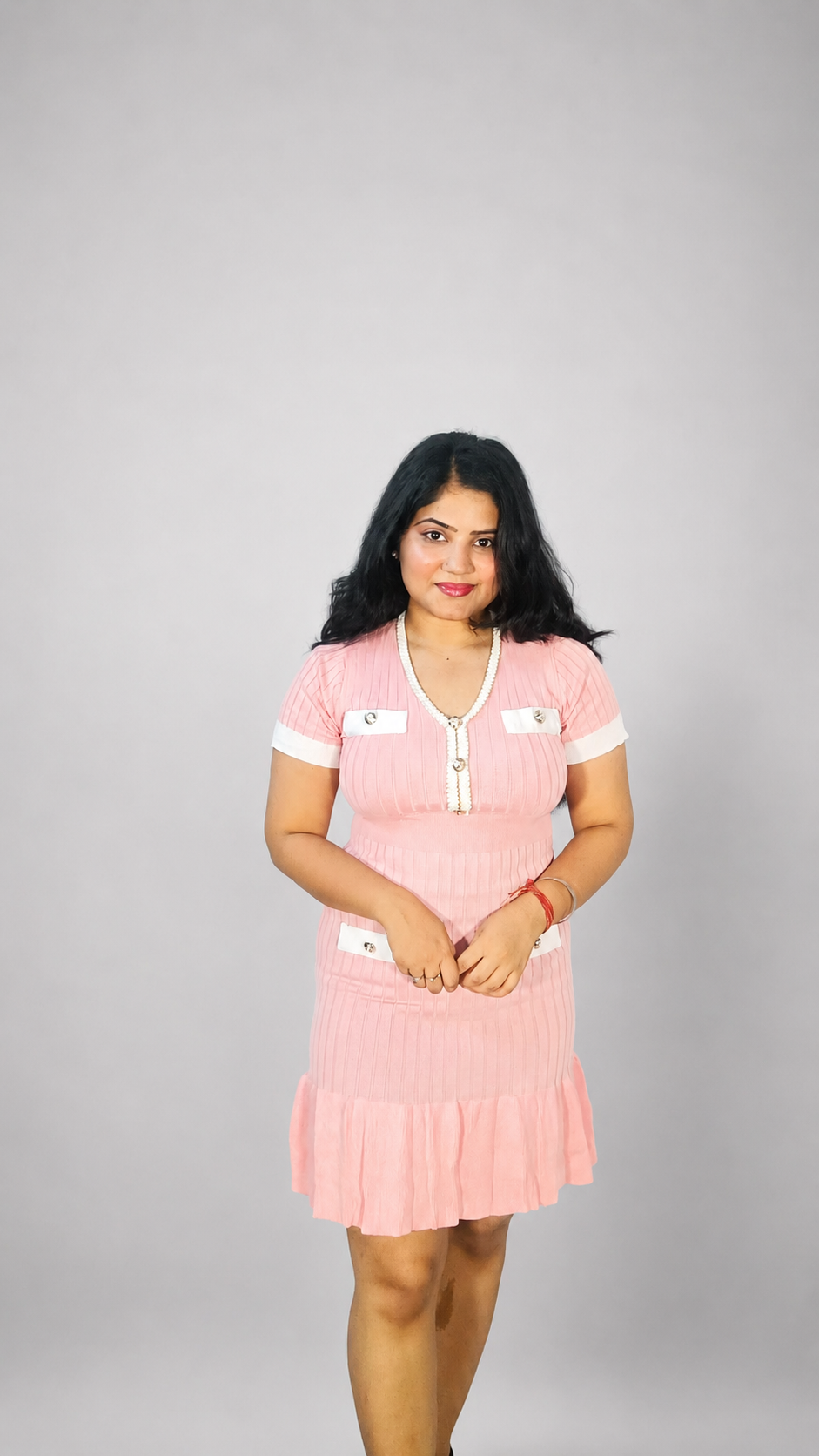 Pink Ribbed Knit Midi Dress