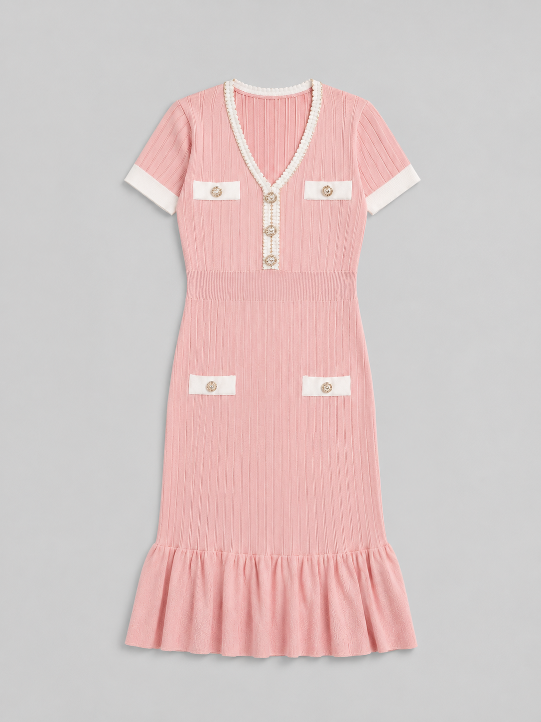 Pink Ribbed Knit Midi Dress