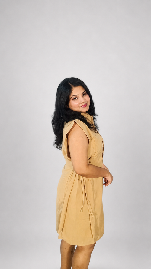 Beige Sleeveless Utility Linen Shirt Dress with Side Tie Detail