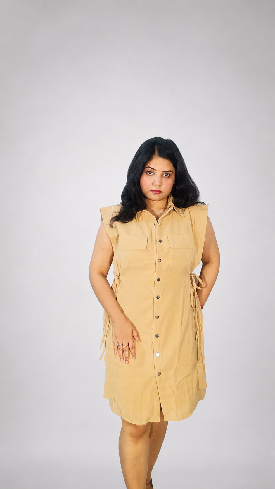 Beige Sleeveless Utility Linen Shirt Dress with Side Tie Detail