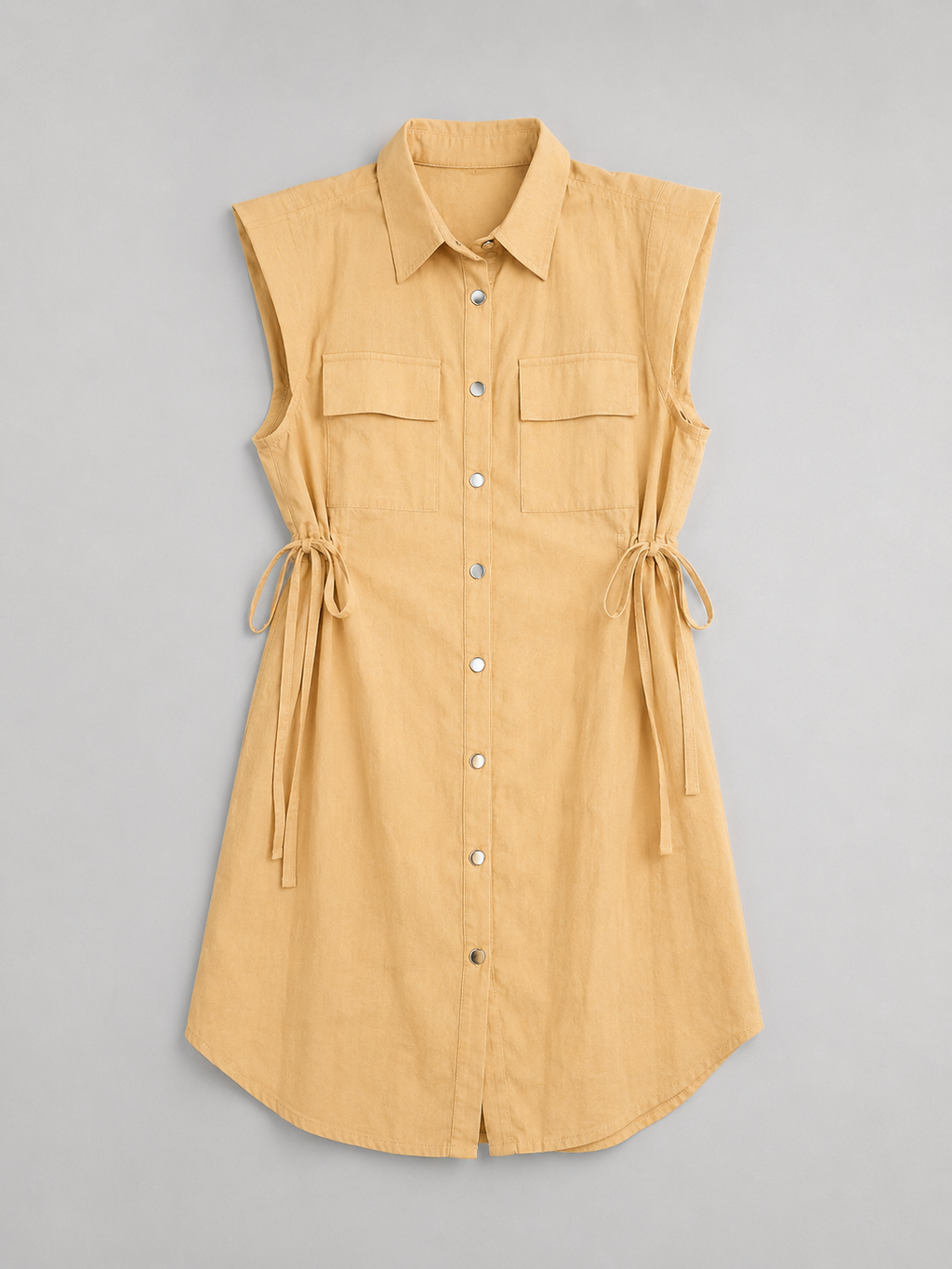 Beige Sleeveless Utility Linen Shirt Dress with Side Tie Detail
