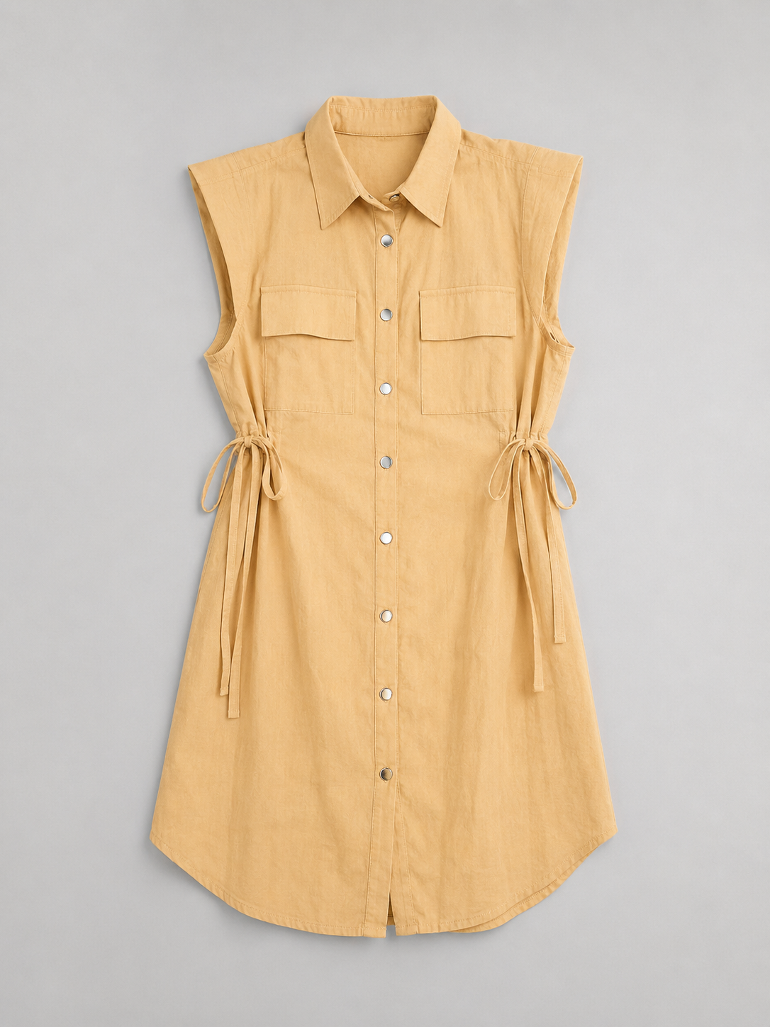 Beige Sleeveless Utility Linen Shirt Dress with Side Tie Detail
