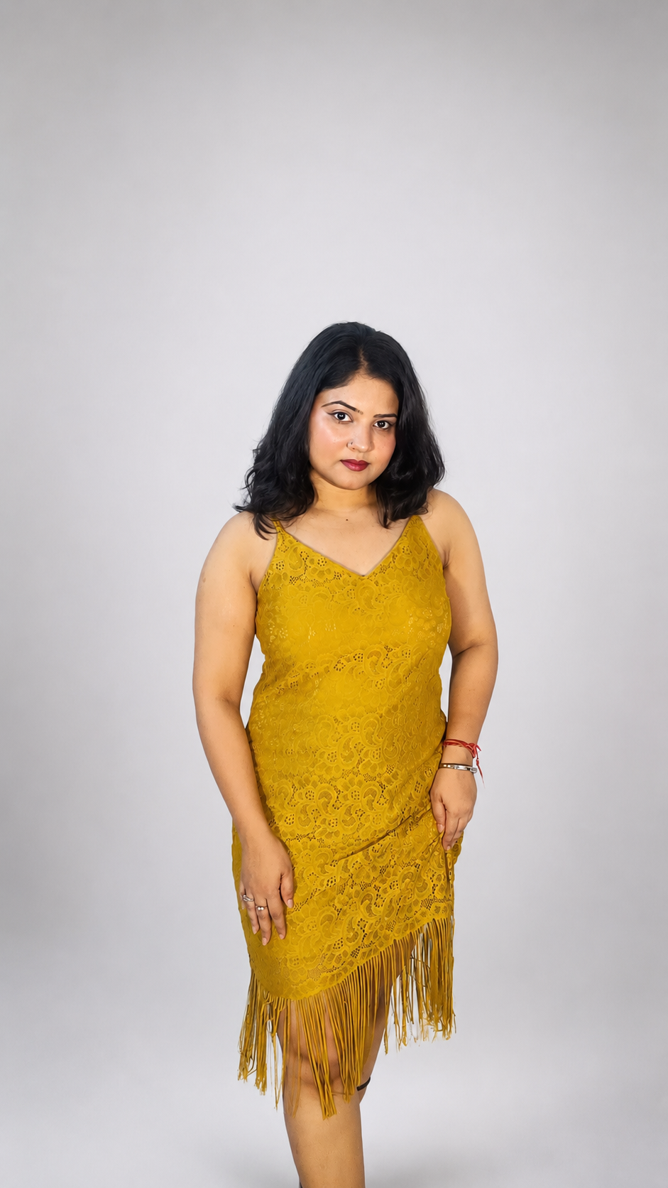 Mustard Lace Fringe Midi Dress