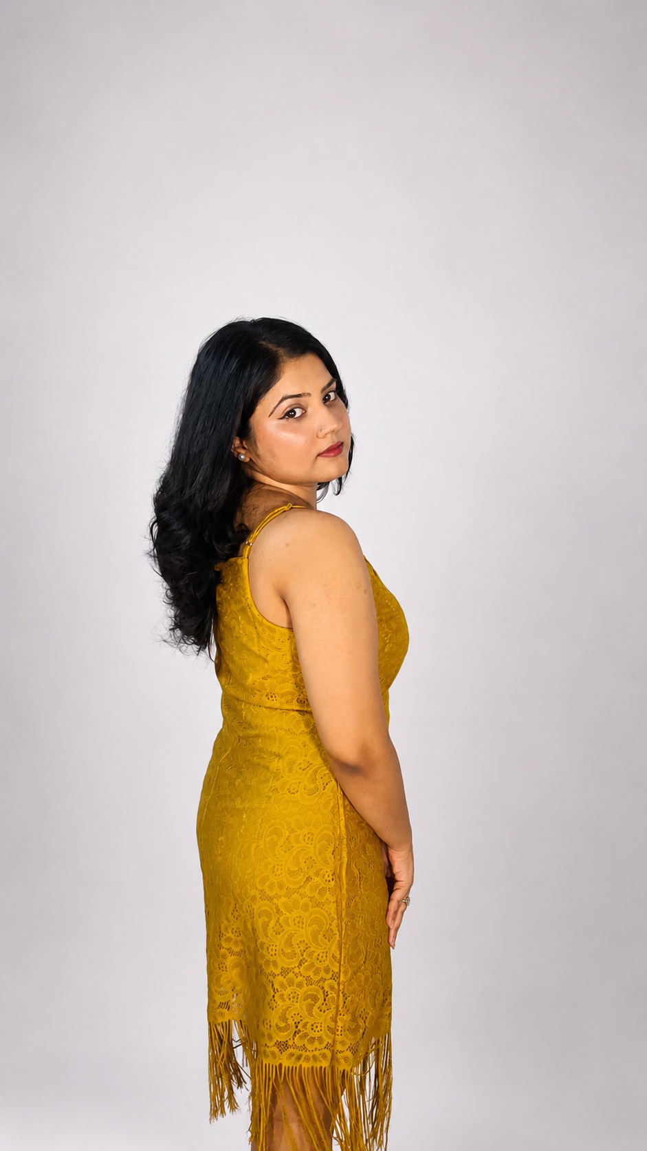 Mustard Lace Fringe Midi Dress
