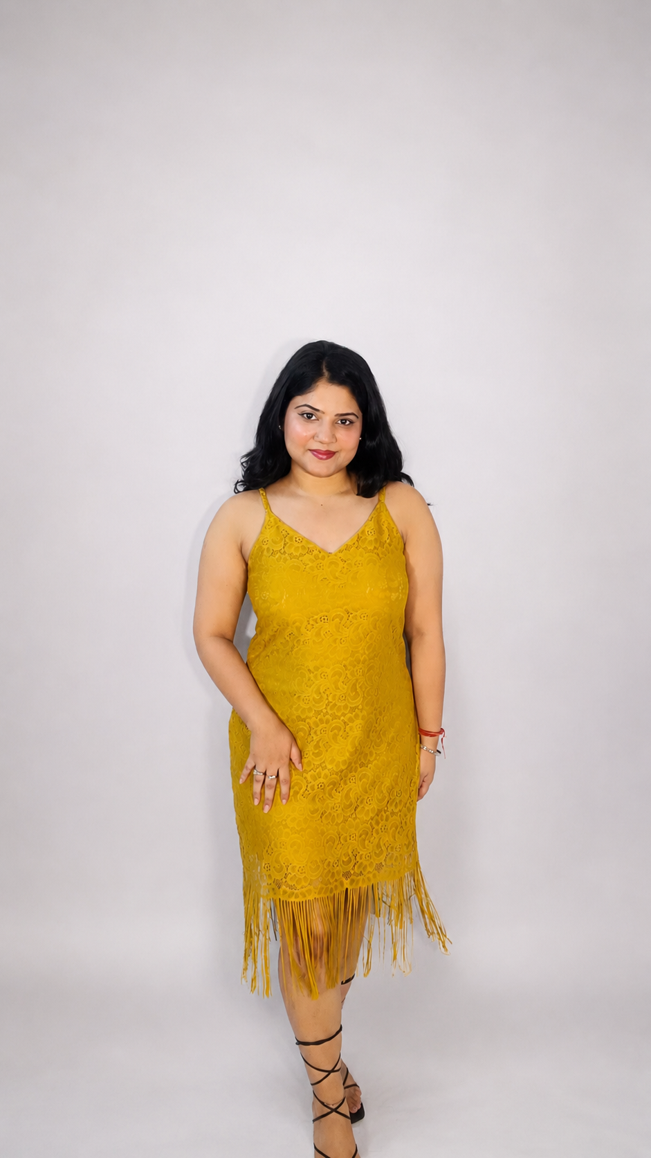 Mustard Lace Fringe Midi Dress