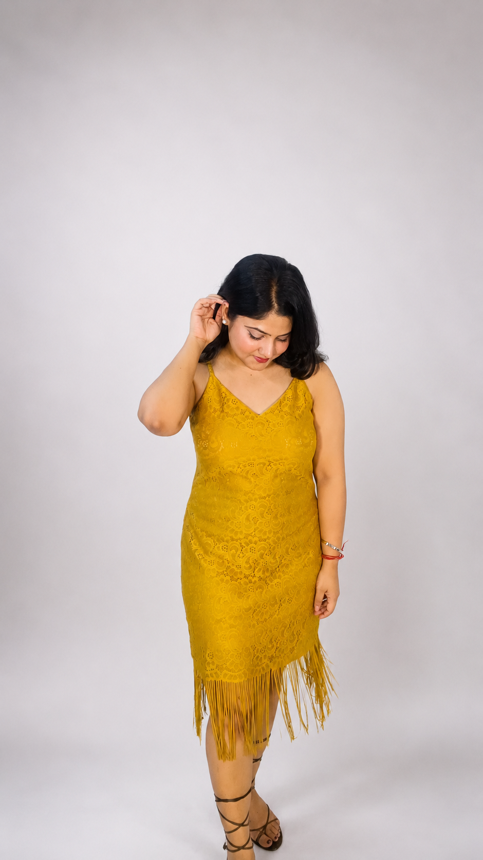 Mustard Lace Fringe Midi Dress