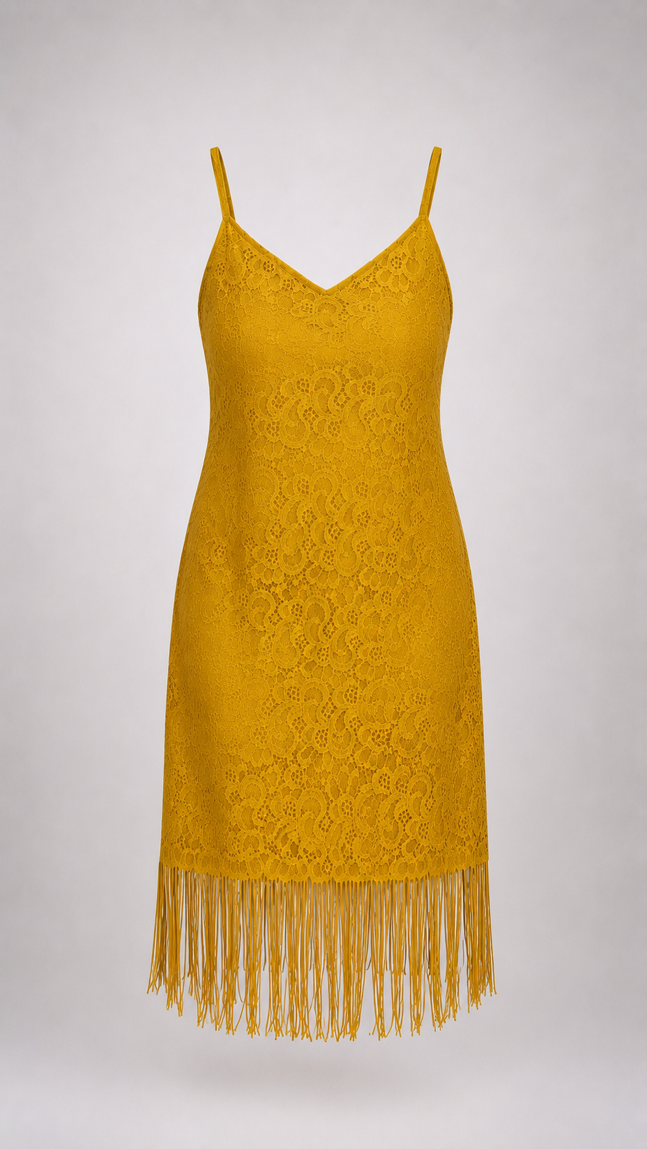 Mustard Lace Fringe Midi Dress