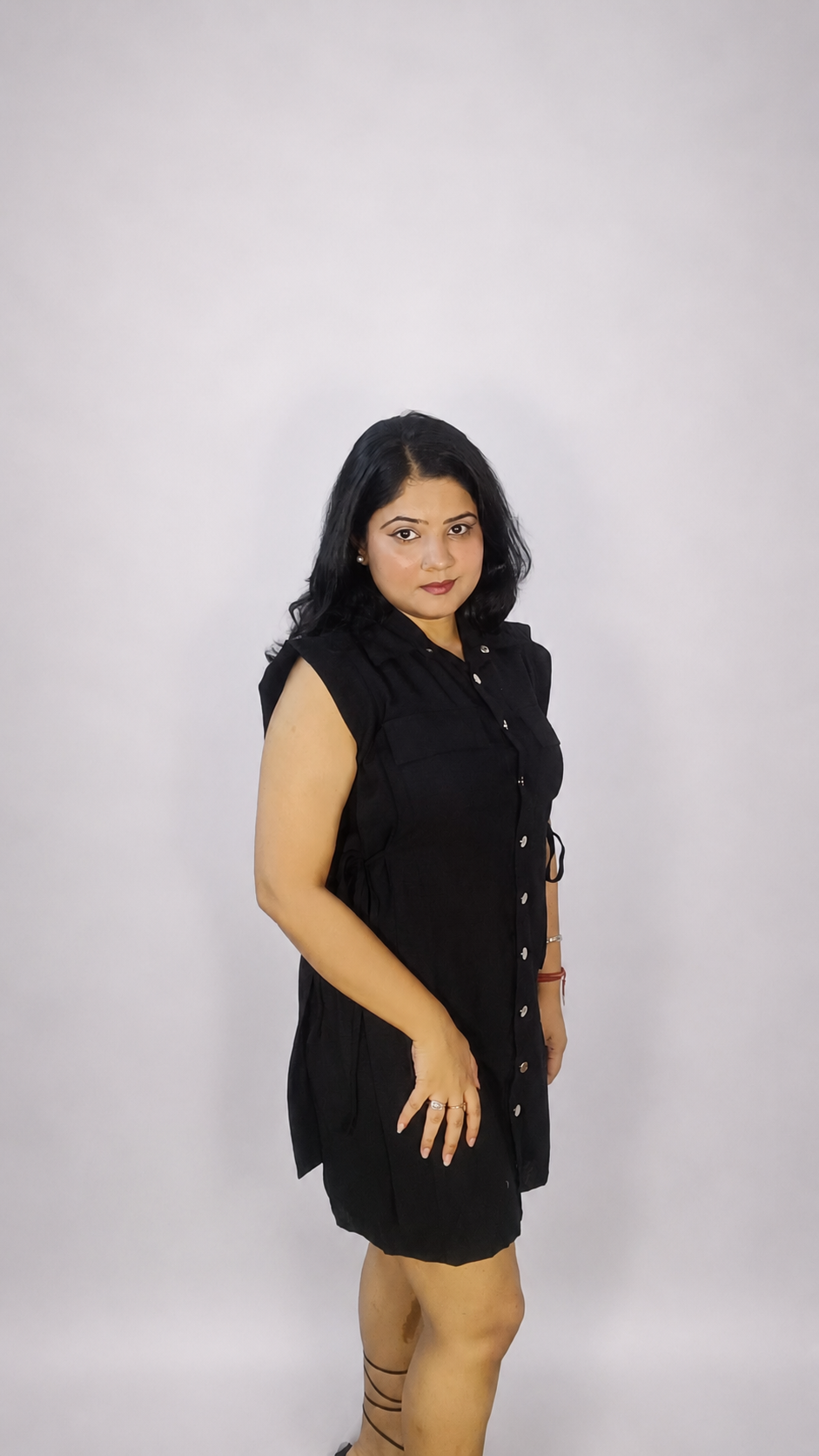 Black Sleeveless Utility Linen Shirt Dress