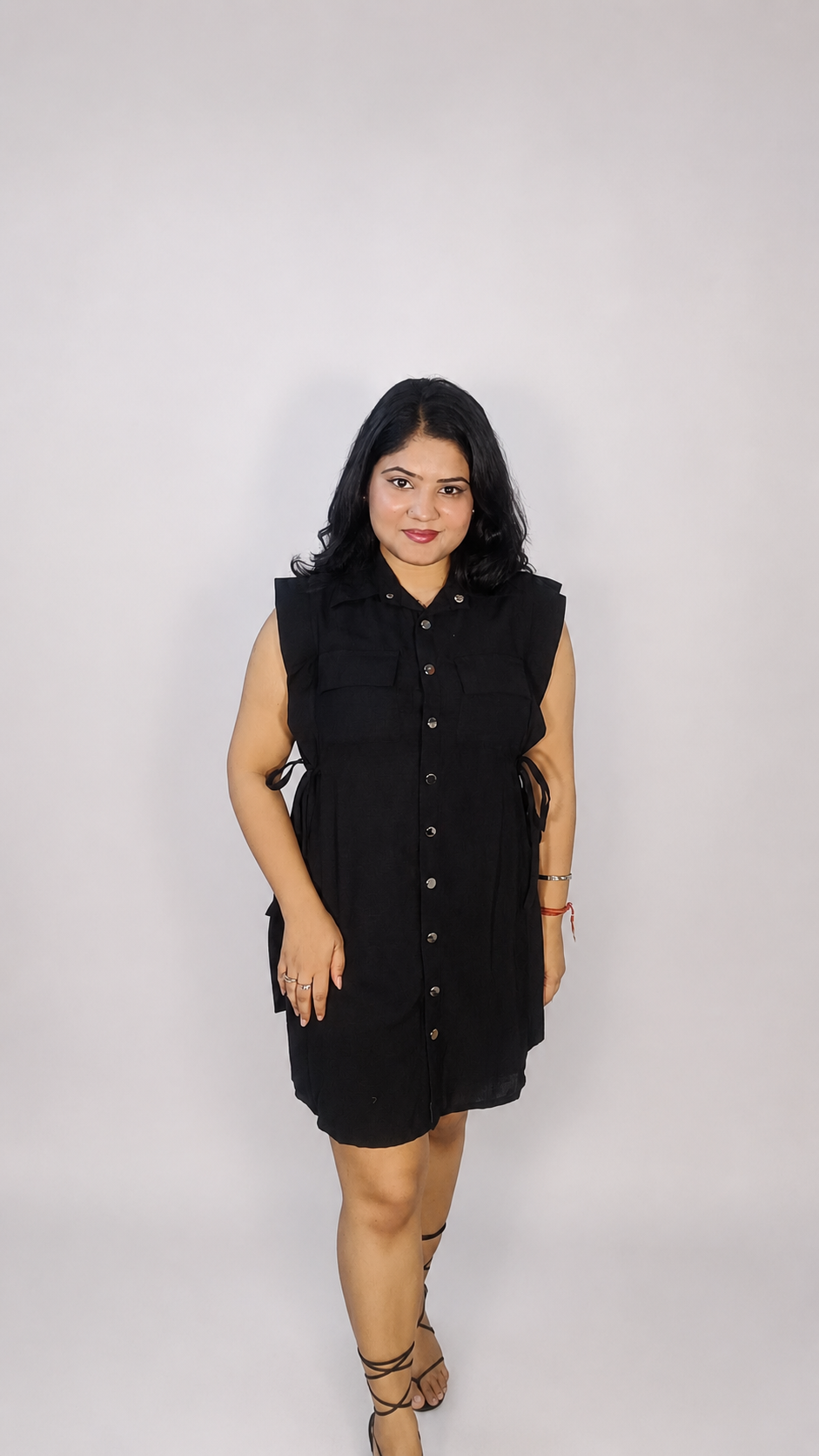 Black Sleeveless Utility Linen Shirt Dress
