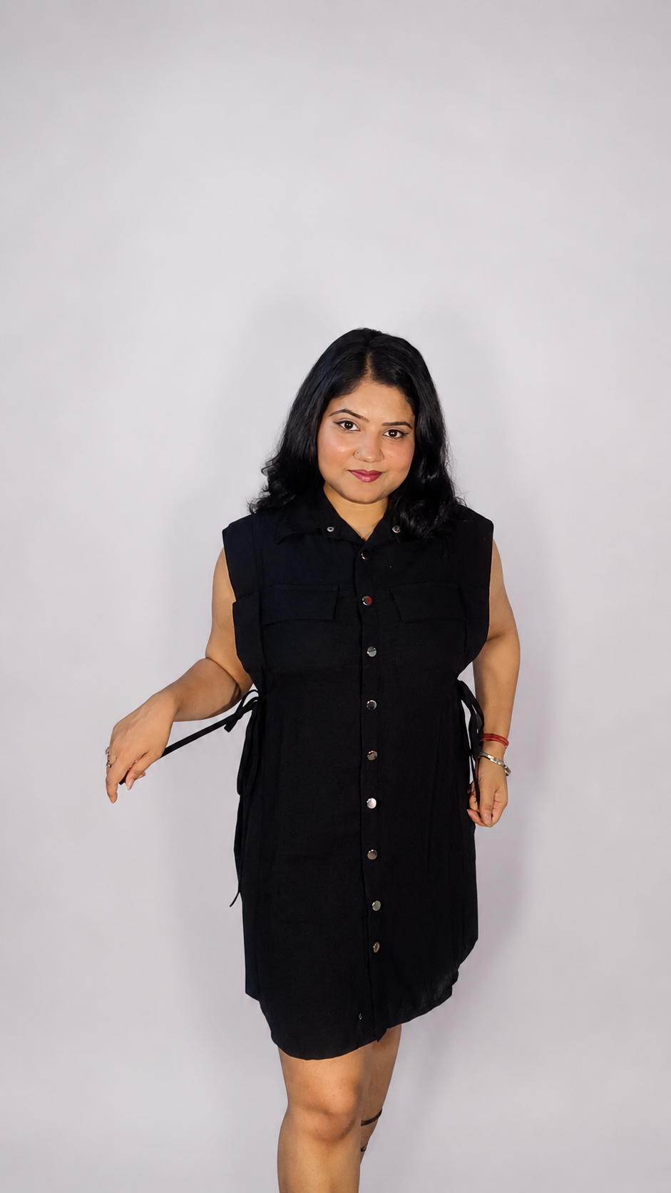 Black Sleeveless Utility Linen Shirt Dress