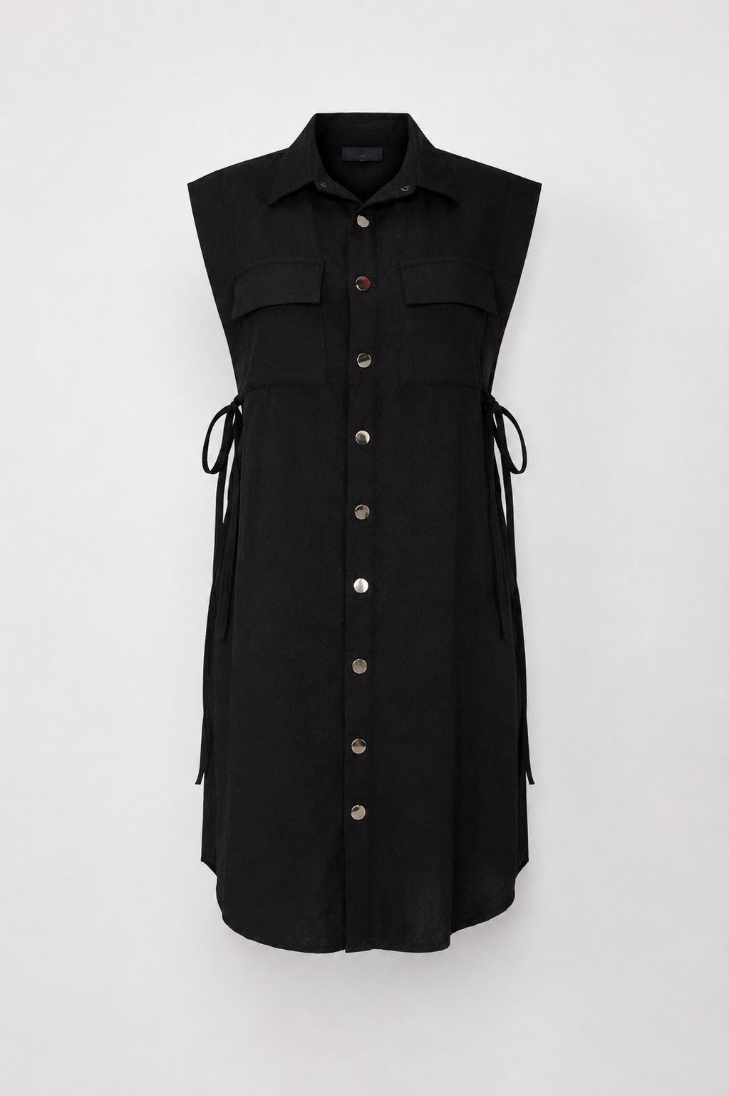 Black Sleeveless Utility Linen Shirt Dress
