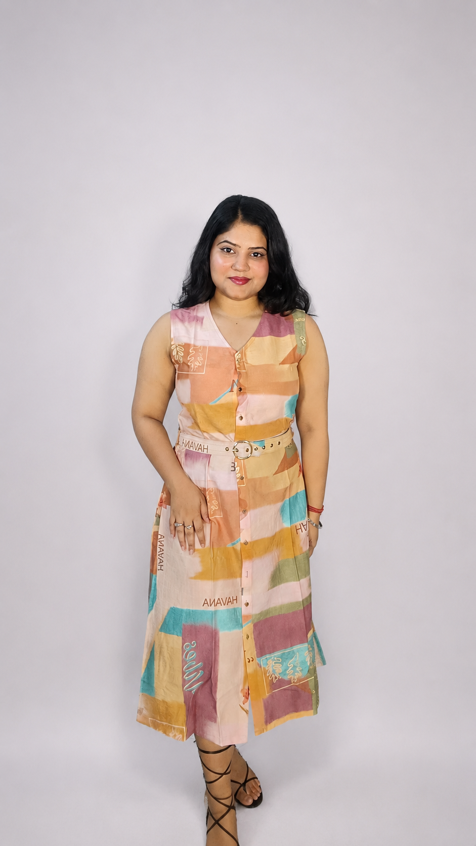 Pastel Mosaic Belted Midi Dress