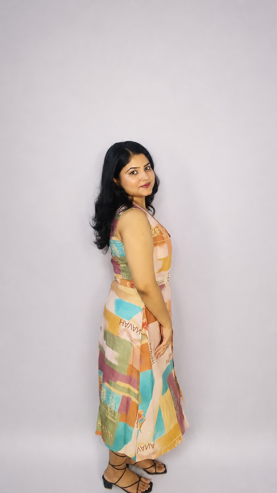 Pastel Mosaic Belted Midi Dress