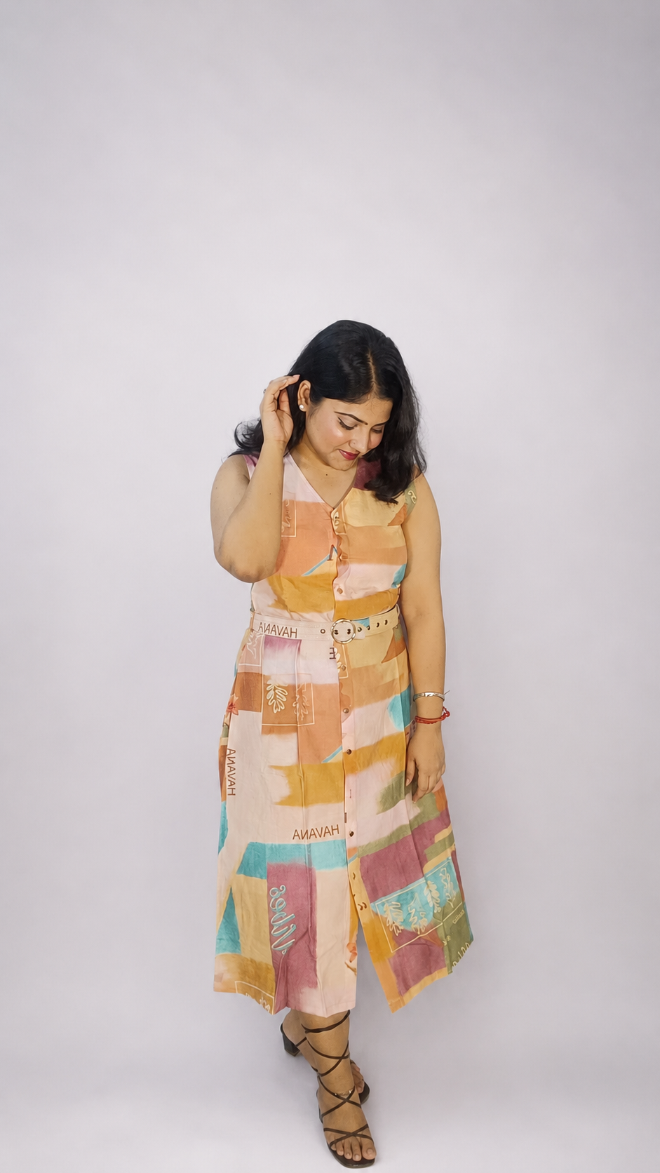 Pastel Mosaic Belted Midi Dress
