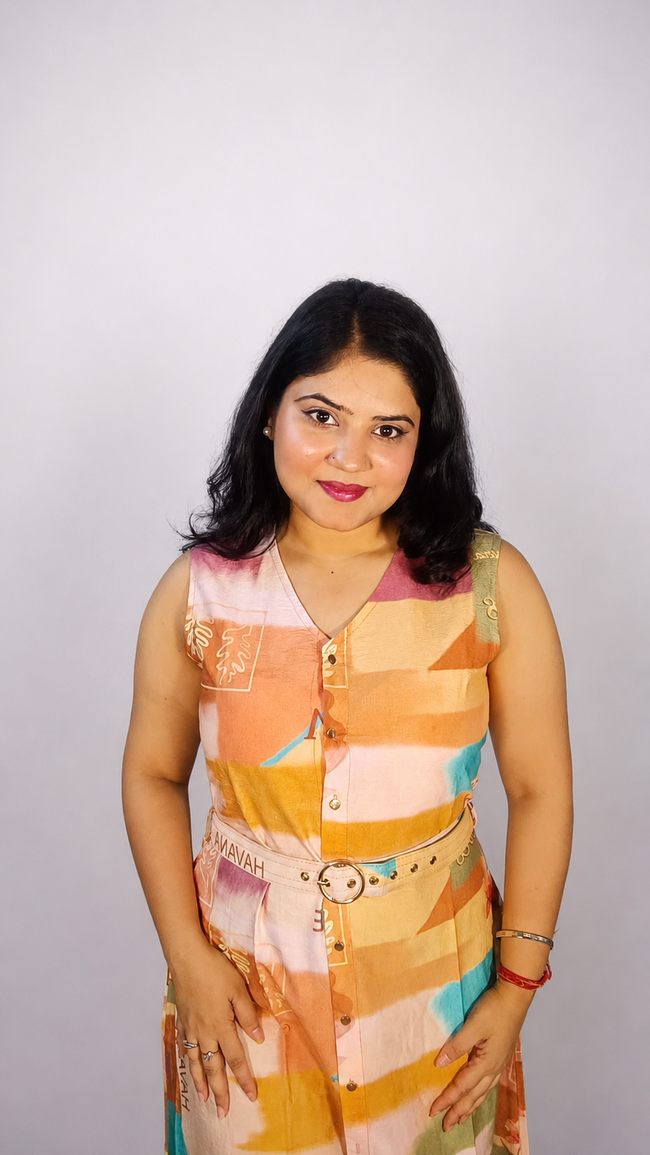 Pastel Mosaic Belted Midi Dress