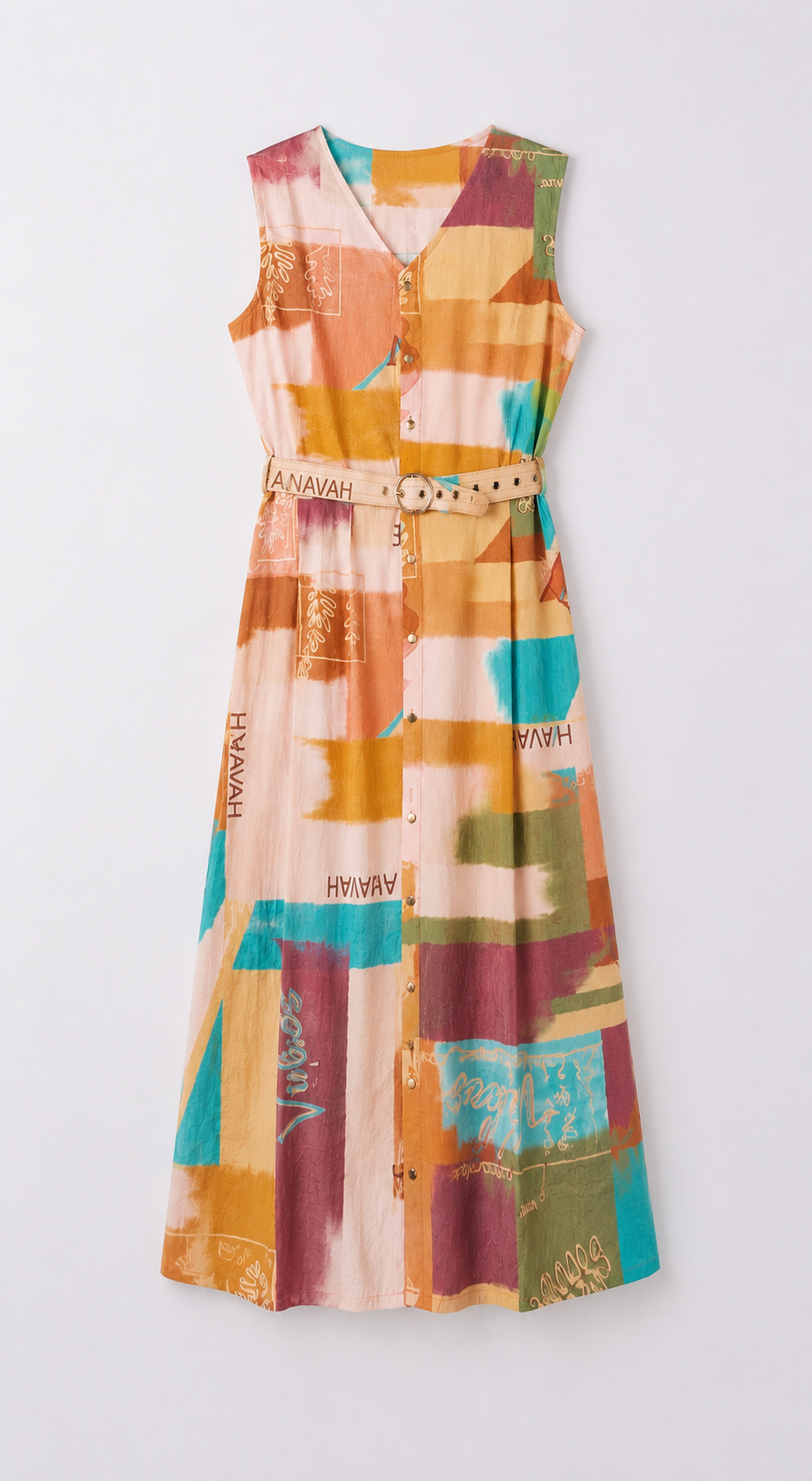 Pastel Mosaic Belted Midi Dress