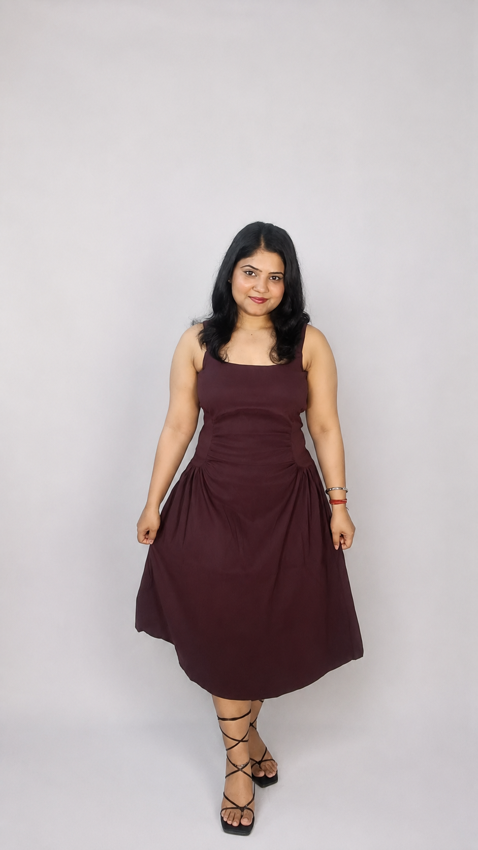 Wine Ruched Waist Sleeveless Midi Dress