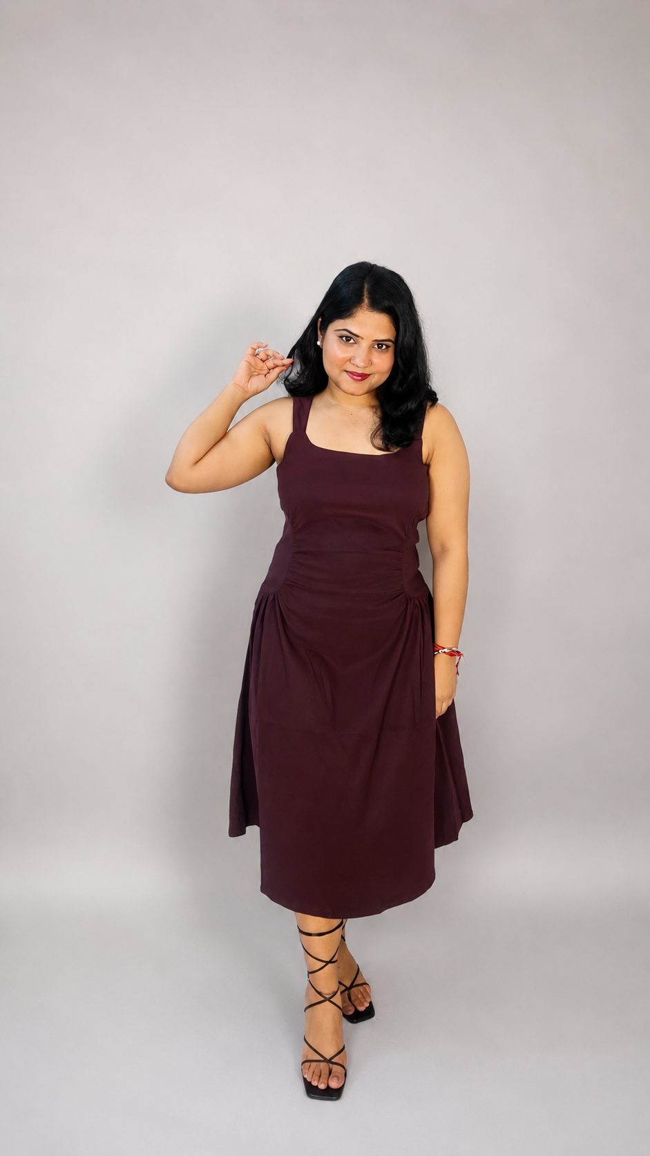 Wine Ruched Waist Sleeveless Midi Dress